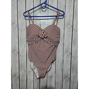 Kona Sol One Piece Swimsuit Womens L Striped Red White Adjustable Straps